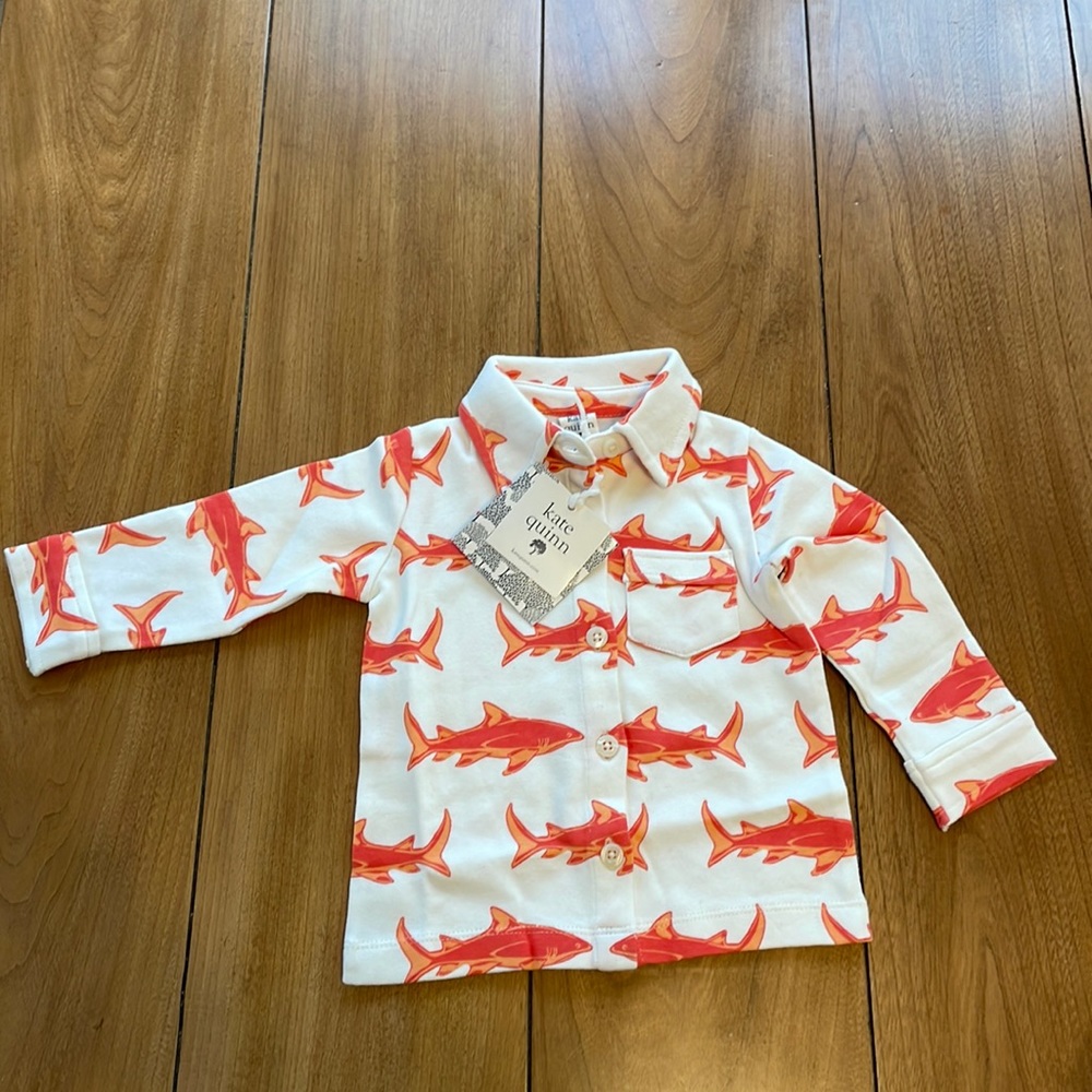 Kate Quinn Long Sleeve Vintage Collar Button Shirt Orange Shark 6-12m NWT.